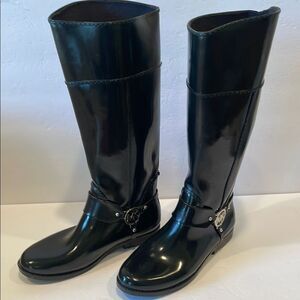 Michael Kors Black Heeled Boots with Decorative Strap and Silver logo